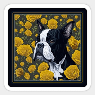 Boston Terrier yellow roses 2 Sticker